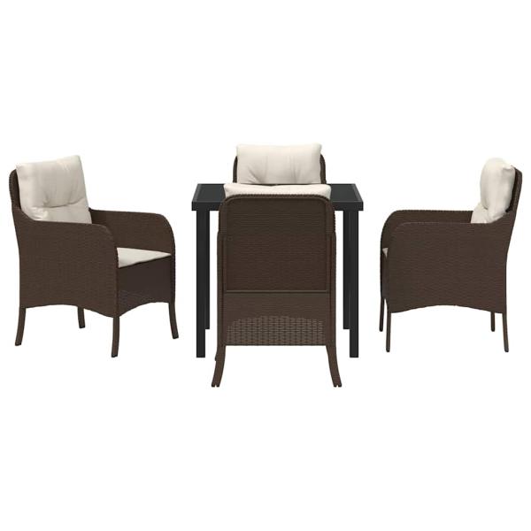 5-teiliges Garten-Ess-Set mit Kissen Braun Poly-Rattan
