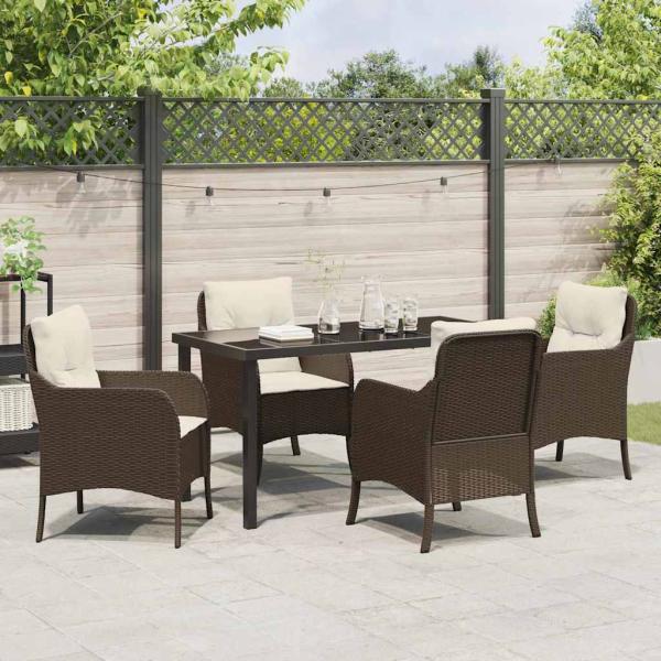5-teiliges Garten-Esszimmer-Set mit Kissen Brauner Poly-Rattan