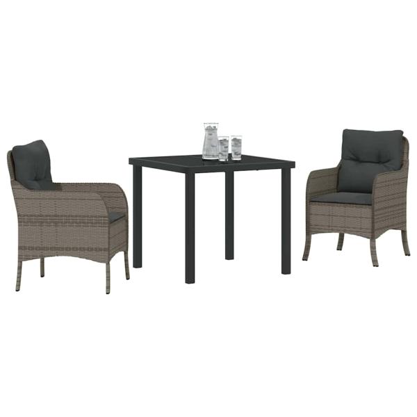 3-teiliges Garten-Esszimmer-Set mit Kissen Grau Poly Rattan