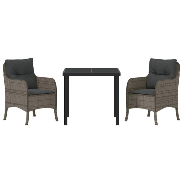 3-teiliges Garten-Esszimmer-Set mit Kissen Grau Poly Rattan