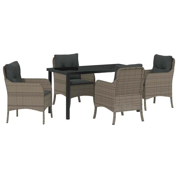 5-teiliges Garten-Ess-Set mit Kissen Grau Poly Rattan