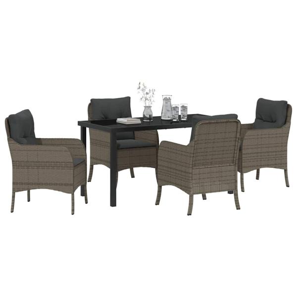 5-teiliges Garten-Ess-Set mit Kissen Grau Poly Rattan