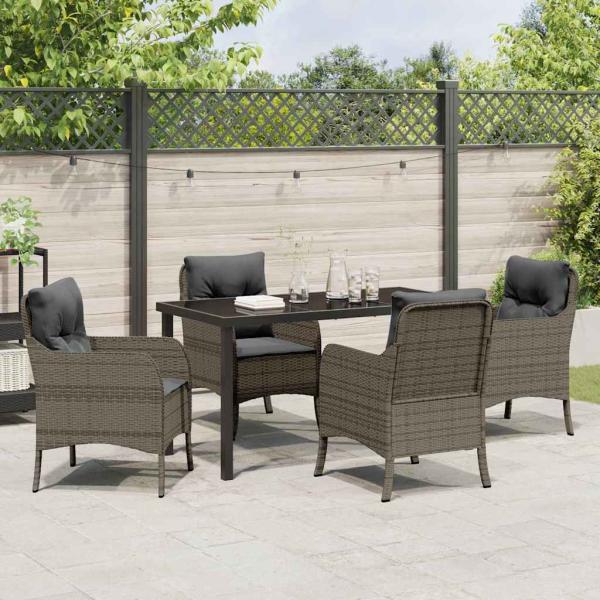 5-teiliges Garten-Ess-Set mit Kissen Grau Poly Rattan