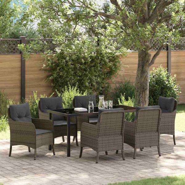 ARDEBO.de - 7-teiliges Garten-Ess-Set mit Kissen Grau Poly-Rattan