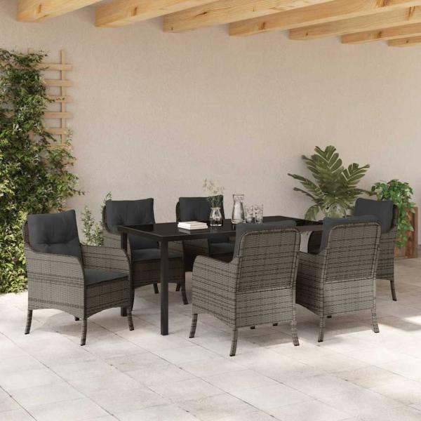 7-teiliges Garten-Ess-Set mit Kissen Grau Poly-Rattan