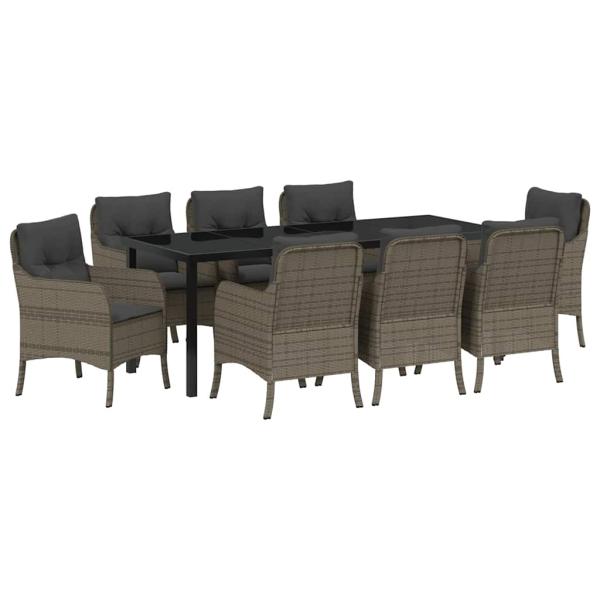 9-teiliges Garten-Esszimmer-Set mit Kissen Grau Poly Rattan