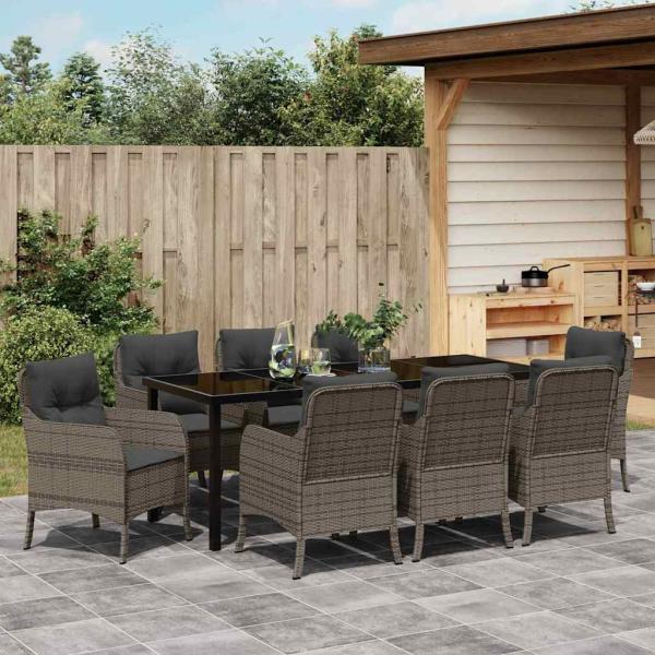 9-teiliges Garten-Esszimmer-Set mit Kissen Grau Poly Rattan