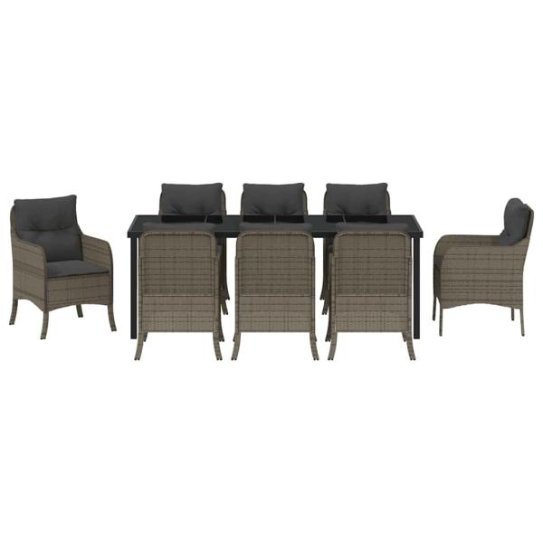 9-teiliges Garten-Esszimmer-Set mit Kissen Grau Poly Rattan