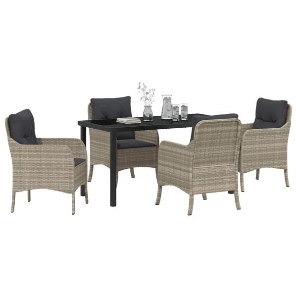 5-teiliges Garten-Essset mit Kissen Hellgrau Poly-Rattan
