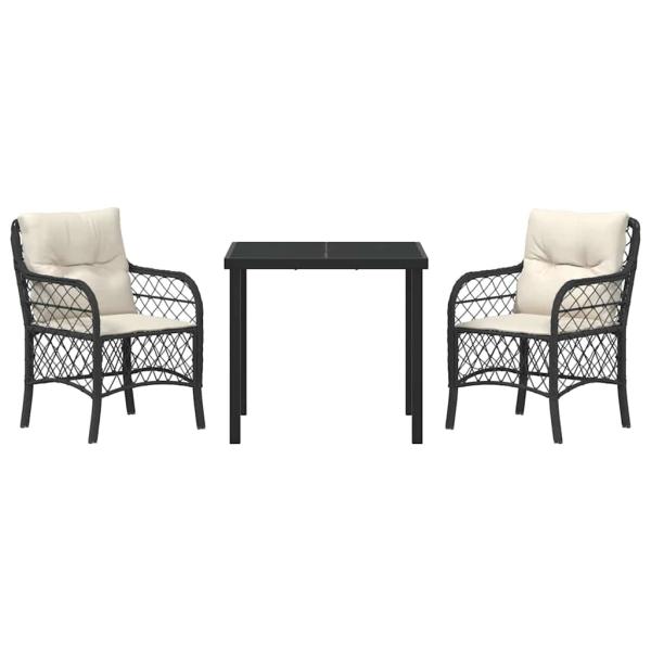 3-teiliges Garten Esstisch Set mit Kissen Schwarz Poly Rattan