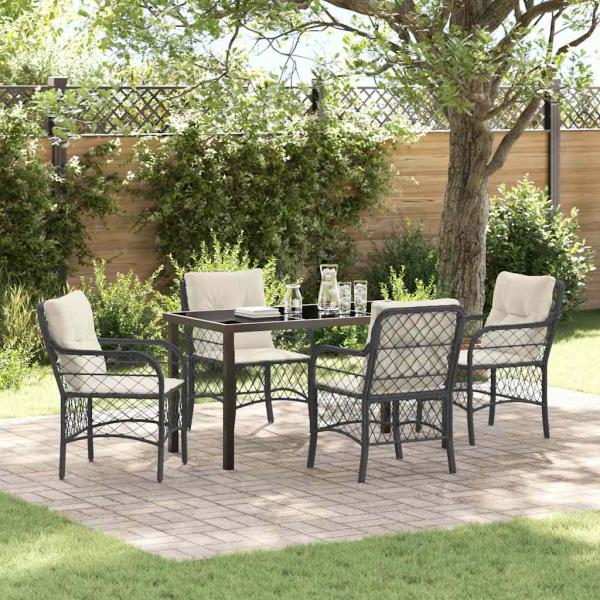 ARDEBO.de - 5-teiliges Garten-Dining-Set mit Kissen Schwarz Poly Rattan