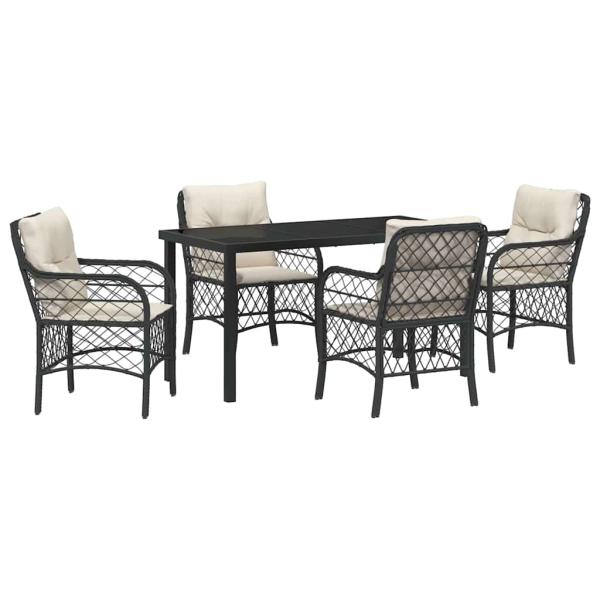 5-teiliges Garten-Dining-Set mit Kissen Schwarz Poly Rattan