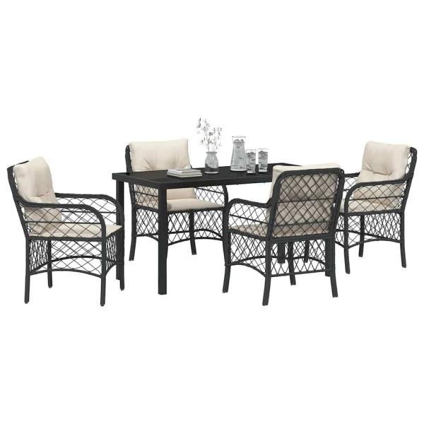 5-teiliges Garten-Dining-Set mit Kissen Schwarz Poly Rattan