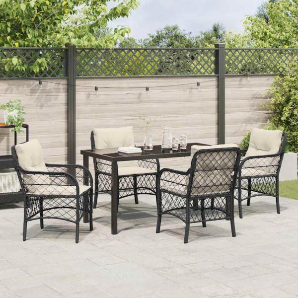 5-teiliges Garten-Dining-Set mit Kissen Schwarz Poly Rattan