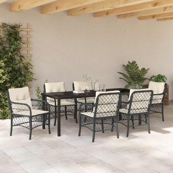 ARDEBO.de - 7-teilige Garten-Essgruppe mit Kissen Schwarzes Poly-Rattan
