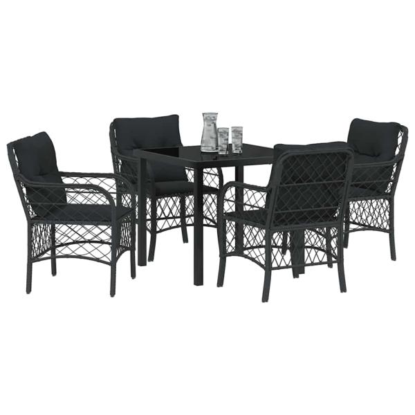 5-teiliges Garten-Dining-Set mit Kissen Schwarz Poly-Rattan