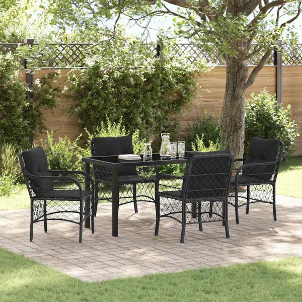 ARDEBO.de - 5-teiliges Garten Essset mit Kissen Schwarz Poly Rattan