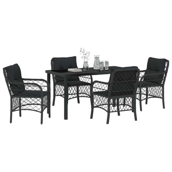 5-teiliges Garten Essset mit Kissen Schwarz Poly Rattan