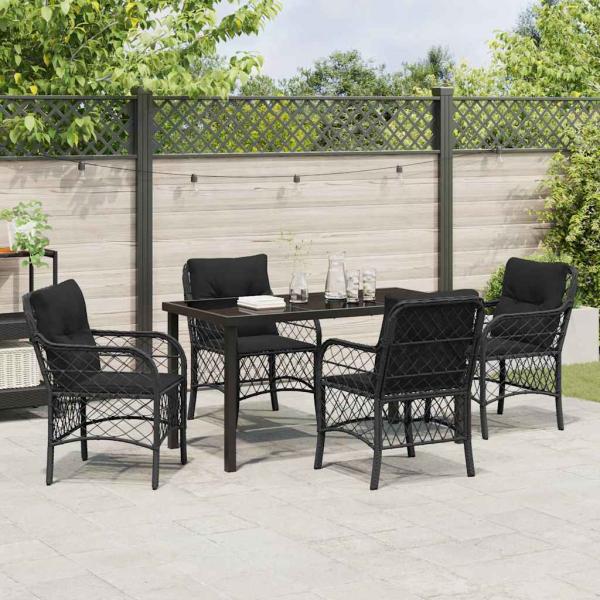 5-teiliges Garten Essset mit Kissen Schwarz Poly Rattan