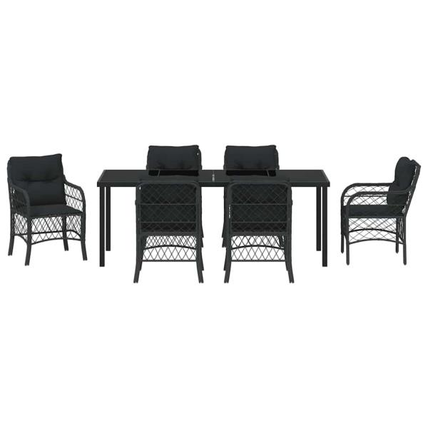 7-teiliges Garten-Ess-Set mit Kissen Schwarz Poly-Rattan