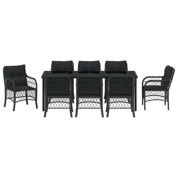 9-teiliges Gartentisch-Set mit Kissen Schwarz Poly-Rattan