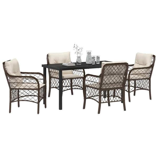 5-teiliges Garten-Dining-Set mit Kissen Braun Poly-Rattan