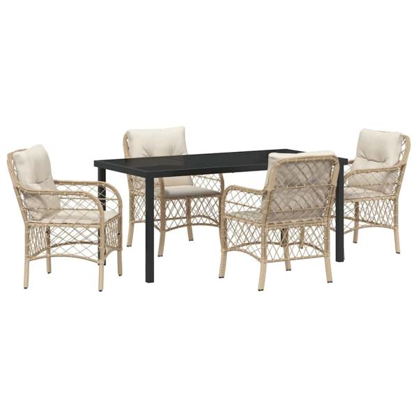 5-teiliges Garten-Ess-Set mit Kissen Beige Poly-Rattan