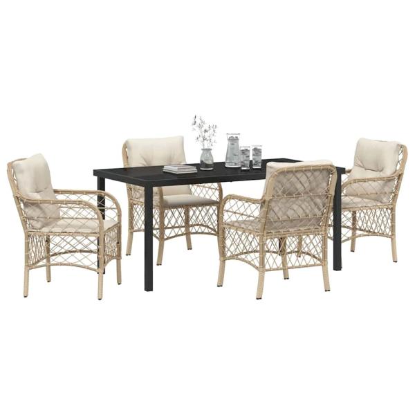 5-teiliges Garten-Ess-Set mit Kissen Beige Poly-Rattan