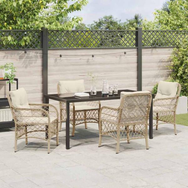 5-teiliges Garten-Ess-Set mit Kissen Beige Poly-Rattan