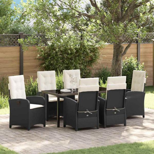 ARDEBO.de - 7-teiliges Garten-Esszimmer-Set mit Kissen - Schwarzes Poly-Rattan
