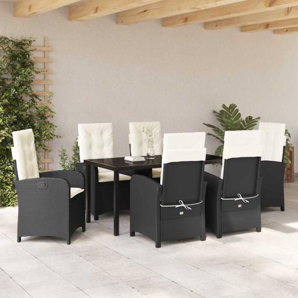 7-teiliges Garten-Esszimmer-Set mit Kissen - Schwarzes Poly-Rattan