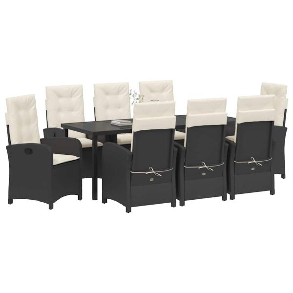 ARDEBO.de - 9-teiliges Garten-Dining-Set mit Kissen aus schwarzem Poly-Rattan