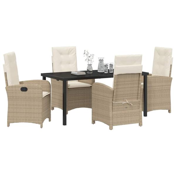 5-teiliges Garten-Esszimmer-Set mit Kissen in beige Poly-Rattan