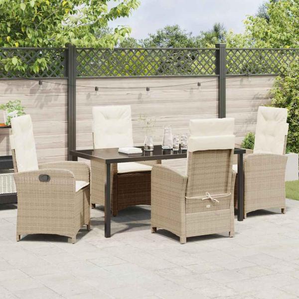 5-teiliges Garten-Esszimmer-Set mit Kissen in beige Poly-Rattan