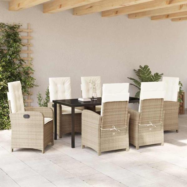 7-teiliges Garten-Dining-Set mit Kissen Beige Poly-Rattan