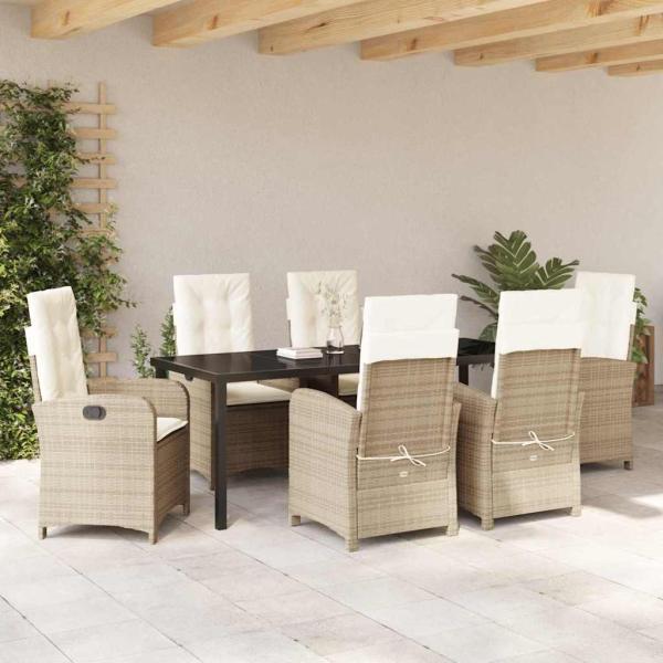 7-teiliges Garten-Dining-Set mit Kissen aus beigem Poly Rattan