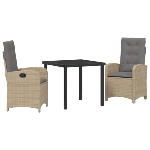 3-teiliges Garten-Ess-Set mit Kissen Beige Poly Rattan