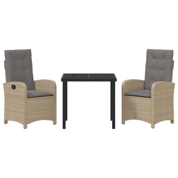 3-teiliges Garten-Ess-Set mit Kissen Beige Poly Rattan