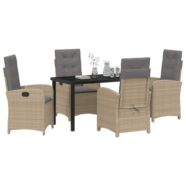 5-teiliges Garten-Ess-Set mit Kissen Beige Poly-Rattan
