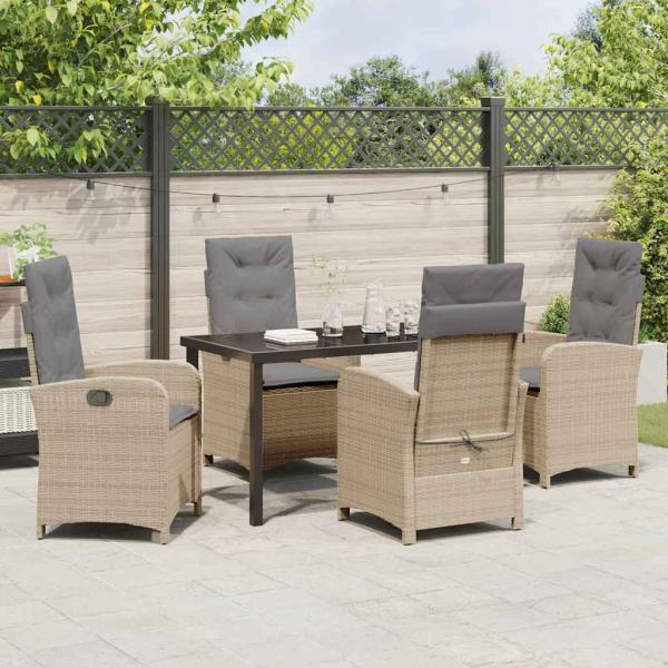 5-teiliges Garten-Ess-Set mit Kissen Beige Poly-Rattan