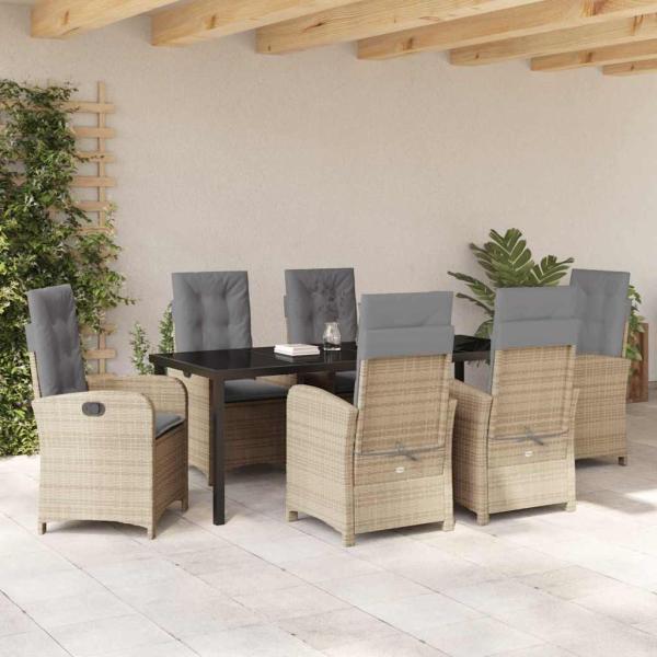 7-teiliges Garten-Esszimmer-Set mit Kissen - Beige Poly Rattan