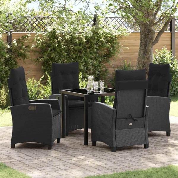 ARDEBO.de - 5-teiliges Garten-Esstischset mit Kissen - Schwarzes Poly-Rattan