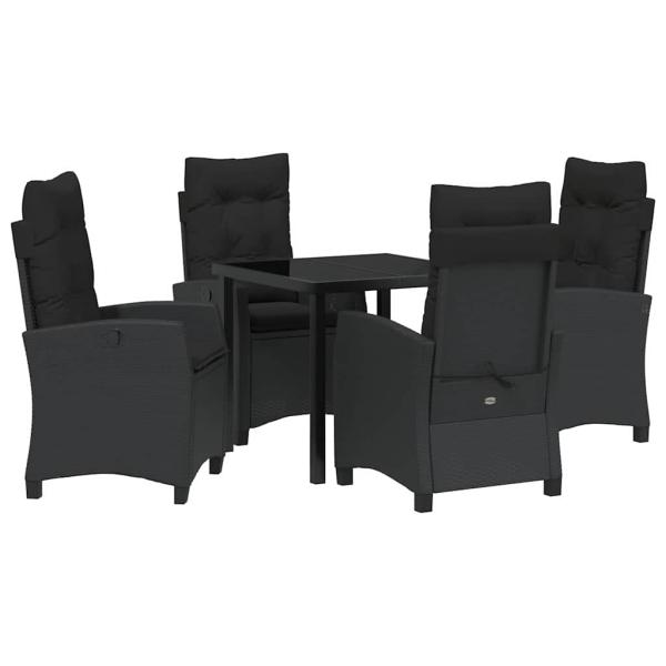 5-teiliges Garten-Esstischset mit Kissen - Schwarzes Poly-Rattan