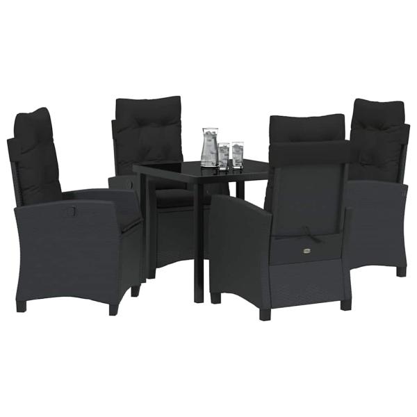 5-teiliges Garten-Esstischset mit Kissen - Schwarzes Poly-Rattan