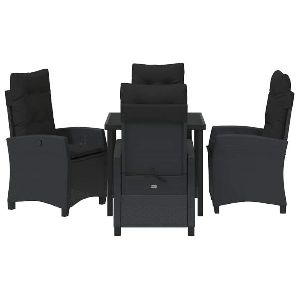 5-teiliges Garten-Esstischset mit Kissen - Schwarzes Poly-Rattan