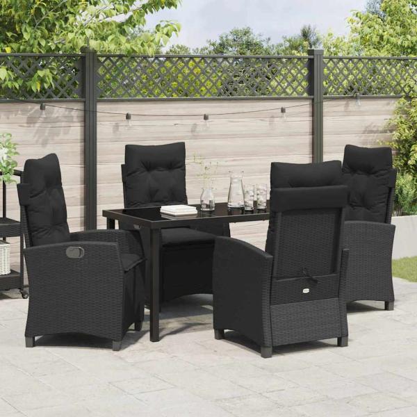 5-teiliges Gartendining-Set mit Kissen in Schwarz Poly-Rattan