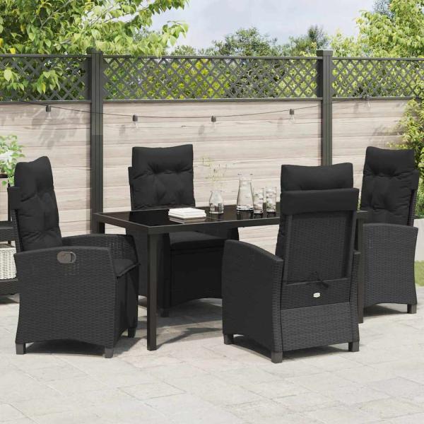 5-teilige Garten-Essgruppe mit Kissen Schwarz Poly-Rattan