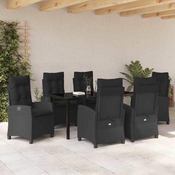 7-teiliges Garten-Dining-Set mit Kissen Schwarz Poly Rattan