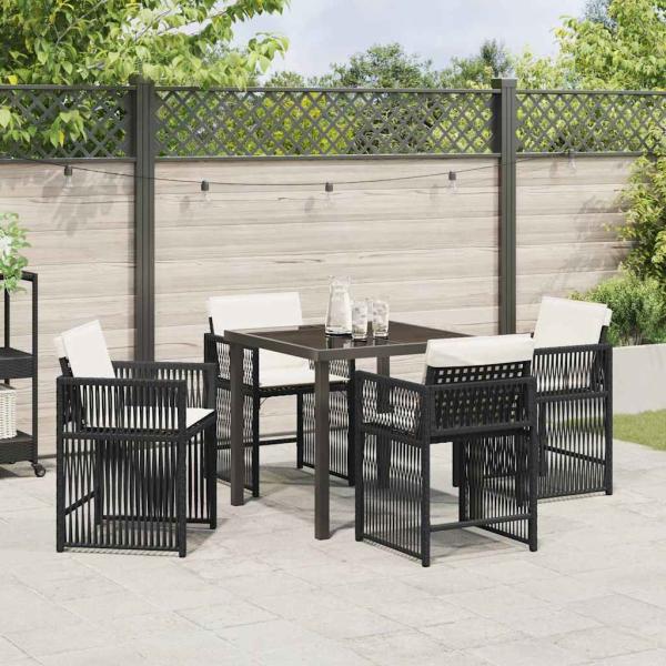 5-teiliges Garten Esszimmer Set mit Kissen Schwarz Poly Rattan