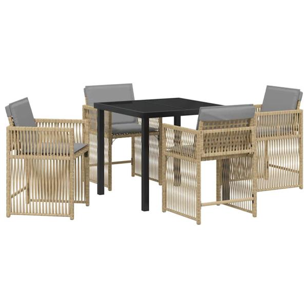 5-teiliges Garten-Esszimmer-Set mit Kissen Beige Poly Rattan
